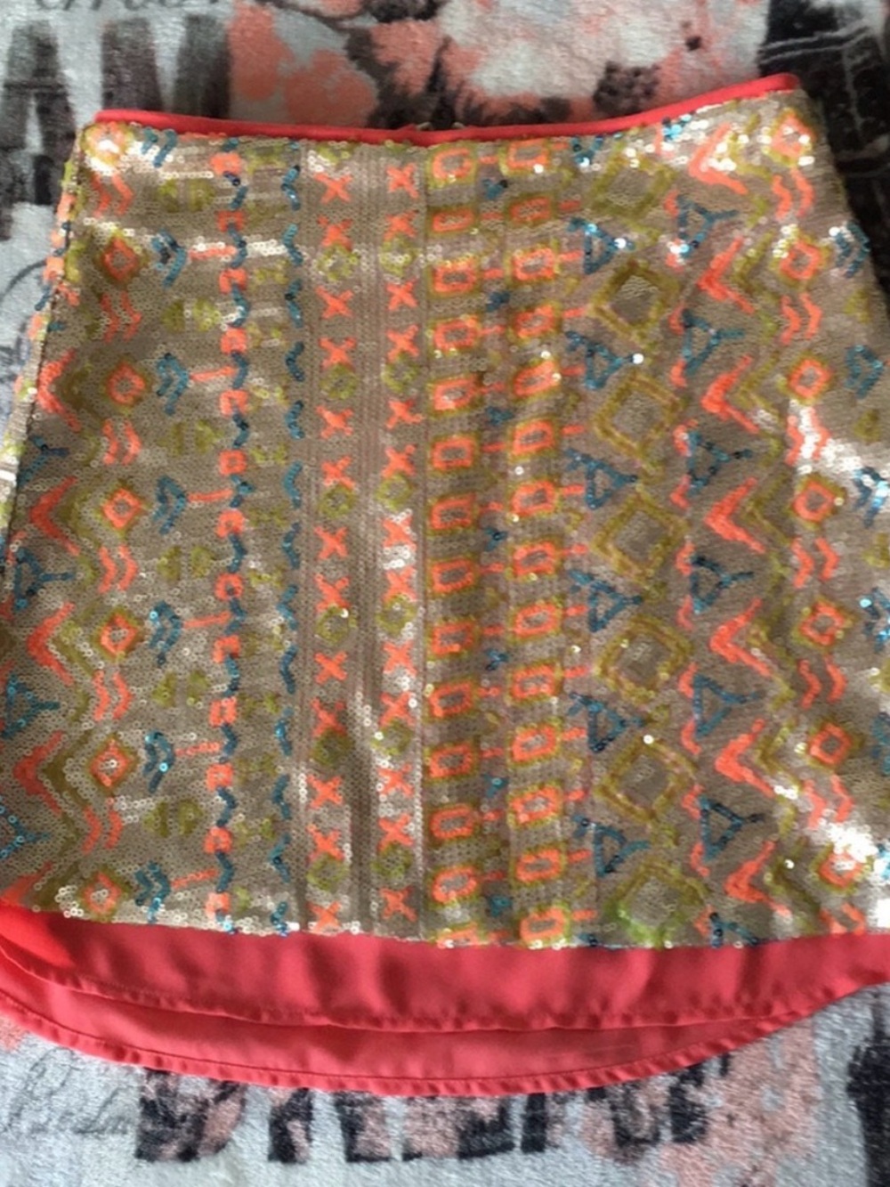 Gianni Bini Gold Sequin High-Low Skirt with Coral Trim